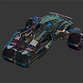 Futuristic Racing Car With Blue Black Color Scheme Multiple Wheels And Red Accents