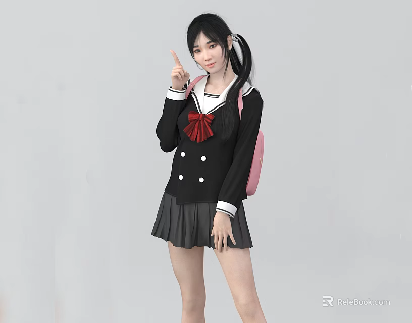 A Young Woman In Black Sailor School Uniform With Red Bow And Pink Backpack 3d model 
