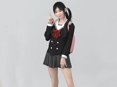 A Young Woman In Black Sailor School Uniform With Red Bow And Pink Backpack 3d model