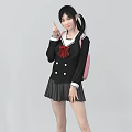 A Young Woman In Black Sailor School Uniform With Red Bow And Pink Backpack