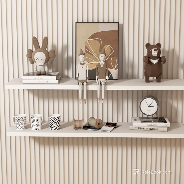 Modern Decorative Ornament Set On White Shelf With Bunny Bear Dolls Mugs Books And Clock 3d model 