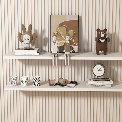 Modern Decorative Ornament Set On White Shelf With Bunny Bear Dolls Mugs Books And Clock 3d model