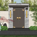 Chinese Style Storefront Entrance With Double Doors Stone Trim Wall Lamps And Green Plants