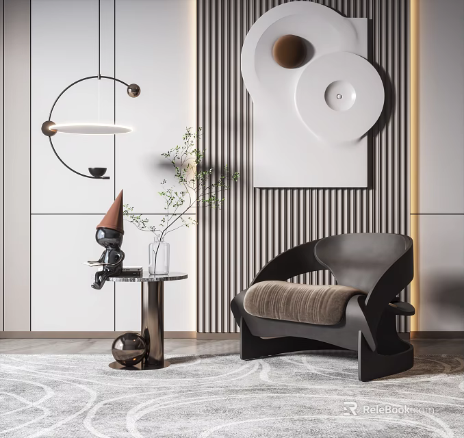 Elegant Modern Black Leather Single Sofa with Round Side Table Green Plant and Pendant Light 3d model 