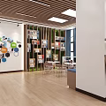 Modern Activity Room With Wooden Flooring Ceiling Strips And Blue Wall Decor Icons