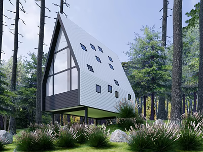 A Frame Residential Building in Forest with Large Glass Windows and Greenery 3d model