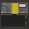 Street Storefront Scene With Brick Wall Yellow Awning Red Door Stop Sign And Table