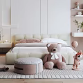 Pink White Kids Room Interior With Bed Desk Cabinet Plush Teddy Bear Fox And Rug