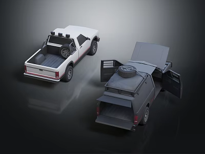 White and Gray Pickup Trucks with Open Bed and Spare Tire on Roof 3d model