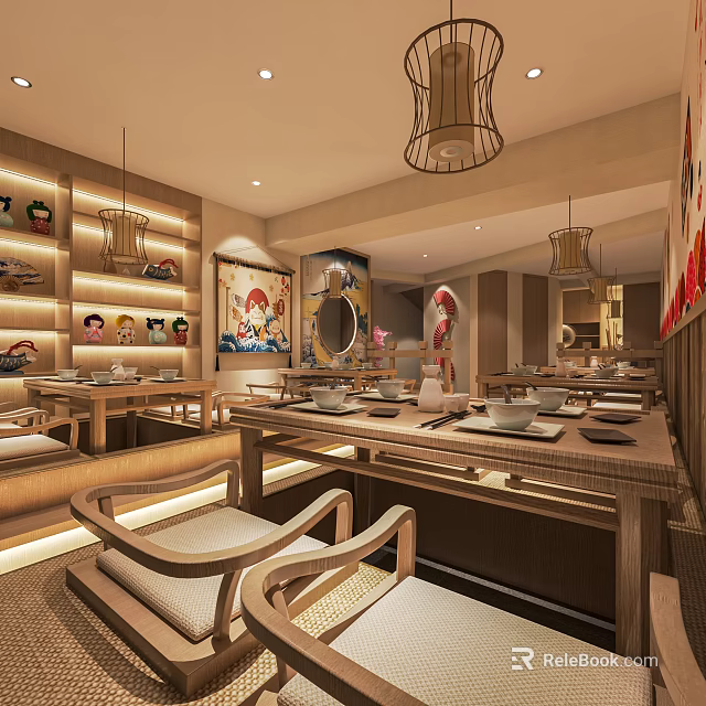 Traditional Chinese Restaurant Interior With Wooden Furniture Chandeliers And Decorative Paintings 3d model 
