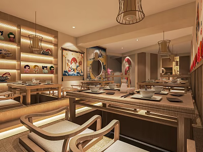 Traditional Chinese Restaurant Interior With Wooden Furniture Chandeliers And Decorative Paintings 3d model