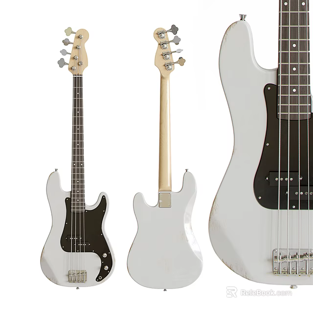 Musical Instruments And Tools Featuring Three White Electric Bass Guitars Displayed From Different Angles 3d model 