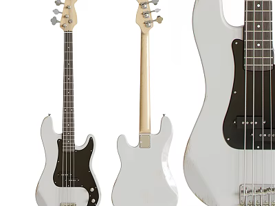 Musical Instruments And Tools Featuring Three White Electric Bass Guitars Displayed From Different Angles 3d model