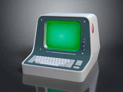 Vintage Computer With Green Screen White Blue Body And Classic Keyboard Design 3d model