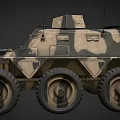 Camouflaged Armored Functional Vehicle With Multiple Wheels And Mounted Machine Gun
