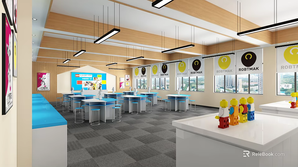 School Robotik Classroom With Bright Windows Student Desks Chairs Hanging Lights And Colorful Models 3d model 