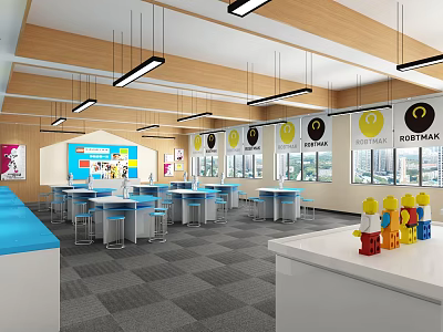 School Robotik Classroom With Bright Windows Student Desks Chairs Hanging Lights And Colorful Models 3d model