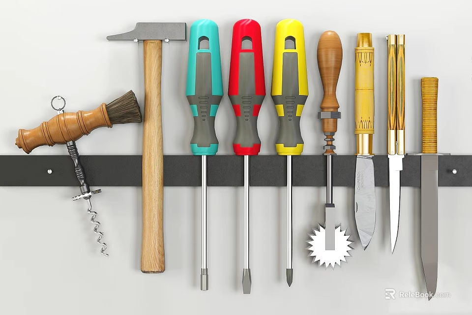 Assorted Hardware Tools Hanging On Rack Including Hammer Screwdrivers Wooden Brush Bottle Opener And Knives 3d model 