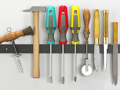 Assorted Hardware Tools Hanging On Rack Including Hammer Screwdrivers Wooden Brush Bottle Opener And Knives 3d model