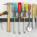 Assorted Hardware Tools Hanging On Rack Including Hammer Screwdrivers Wooden Brush Bottle Opener And Knives