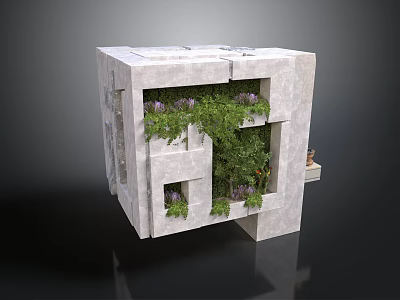 Modern Concrete Cube Structure With Recessed Green Plants And Purple Flowers 3d model