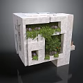 Modern Concrete Cube Structure With Recessed Green Plants And Purple Flowers