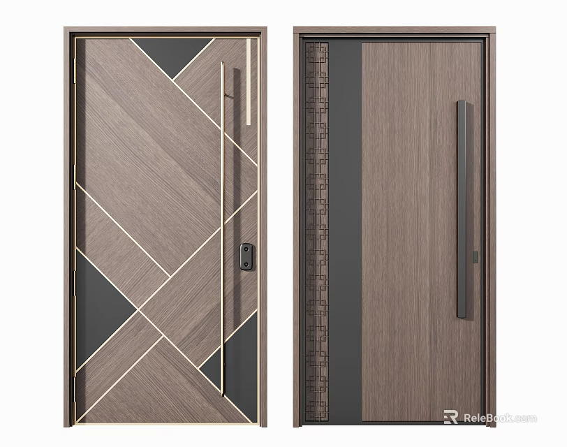 Modern Wooden Hinged Doors With Geometric Lines Vertical Stripes And Black Accents 3d model 