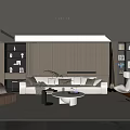 Modern Duplex Living Room Interior With Wooden Wall Beige Sofa Round Coffee Table And Bookshelves