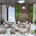 Baodiac Coffee Cafe Interior Design With Wooden Tables Chairs Hanging Plants And Ceiling Lights