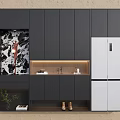 Modern Dark Grey Sideboard Cabinet With Built In Refrigerator And Illuminated Open Display Shelves