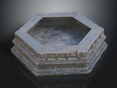 Hexagonal Stone Pedestal With Carved Details And Layered Textured Structure 3d model