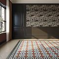 Square Area Rug On Herringbone Wood Floor In Living Room