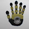 Woman Wearing Mechanical Hand With Metal Joints In Black Yellow Color And Mechanical Structure