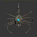 Mechanical Spider With Metal Legs Blue Gem Top Orange Eyes And Steampunk Design