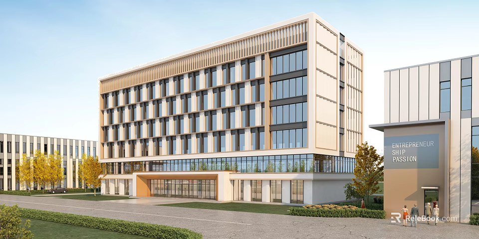 Modern Office Building Exterior Design With Glass Curtain Walls Clean Lines And Landscaping 3d model 