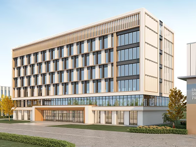 Modern Office Building Exterior Design With Glass Curtain Walls Clean Lines And Landscaping 3d model