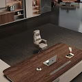 Modern Office Desk With Wooden Top White Storage Cabinets And Laptop Near Sofa