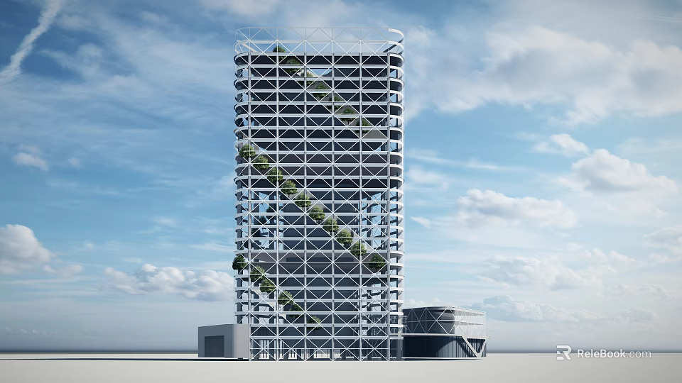 Modern High Rise Office Building With Grid Structure And Vertical Greenery Against Blue Sky 3d model 