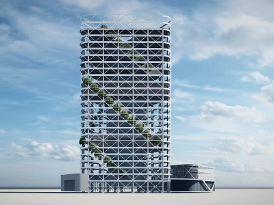Modern High Rise Office Building With Grid Structure And Vertical Greenery Against Blue Sky 3d model