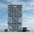 Modern High Rise Office Building With Grid Structure And Vertical Greenery Against Blue Sky