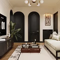 Warm Vintage Open Living And Dining Room With Elegant Interior Design And Large French Window