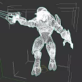 Game and Movie Character 3D Model Featuring Red White Armor Blue Glowing Weapon Battle Stance