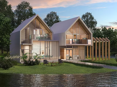 Modern Single Family House With Waterfront Sunset Trees Lawn And Natural Surroundings 3d model