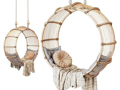 Cozy Round Rattan Hanging Chair with Soft Cushions and Natural Linen Blanket 3d model
