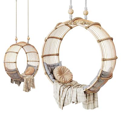 Cozy Round Rattan Hanging Chair with Soft Cushions and Natural Linen Blanket 3d model
