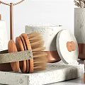 Stylish Copper And White Bathroom Accessories With Mirror Soap Dispenser Brushes And Pampas Grass