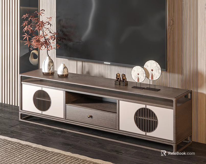 Modern TV Cabinet With Large Screen TV Decorative Items Drawer And Lattice Doors Design 3d model 