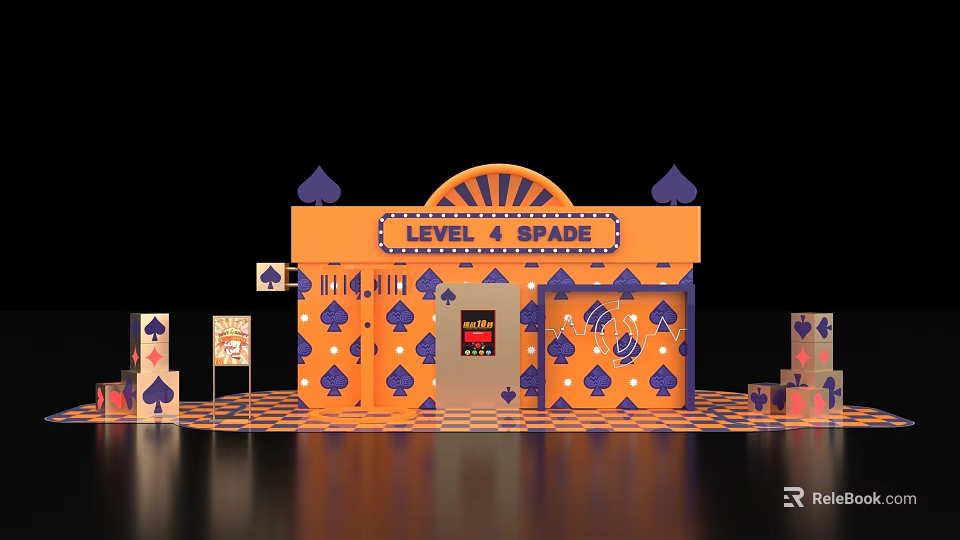 Commercial Equipment Orange Structure with Level 4 Spade and Spade Patterns Cubes Signs 3d model