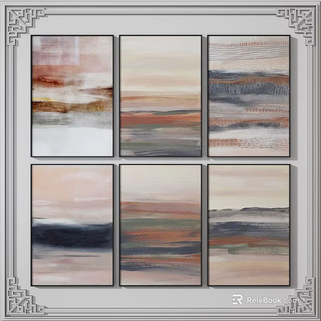 Modern Six Panel Abstract Paintings With Neutral Tones Textured Gradient And Striped 3d model 