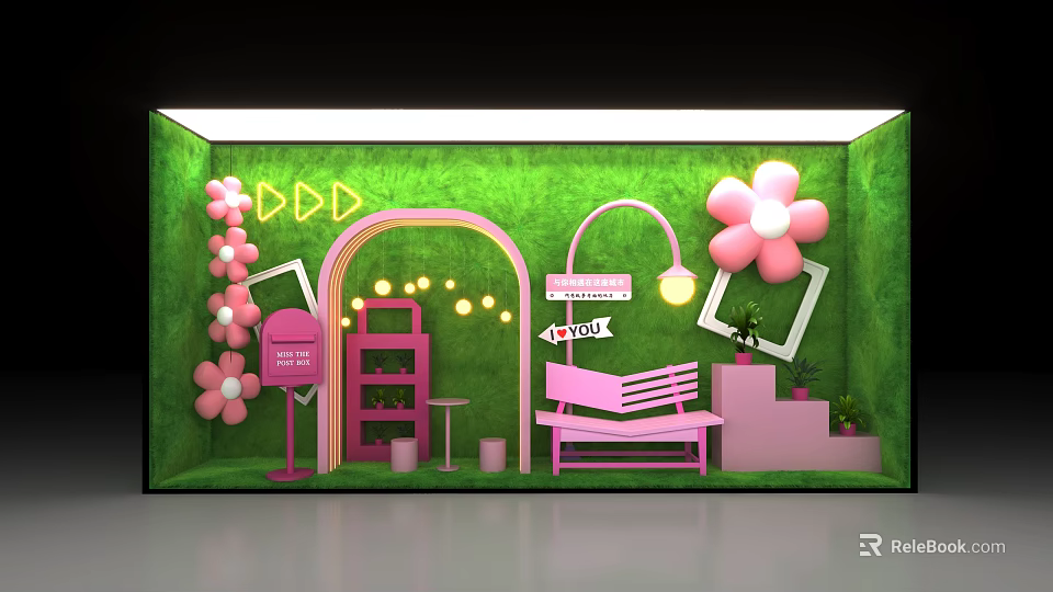 Colorful Decorative Setup With Green Backdrop Pink Flowers Arch Bench Frames Mailbox And String Lights 3d model